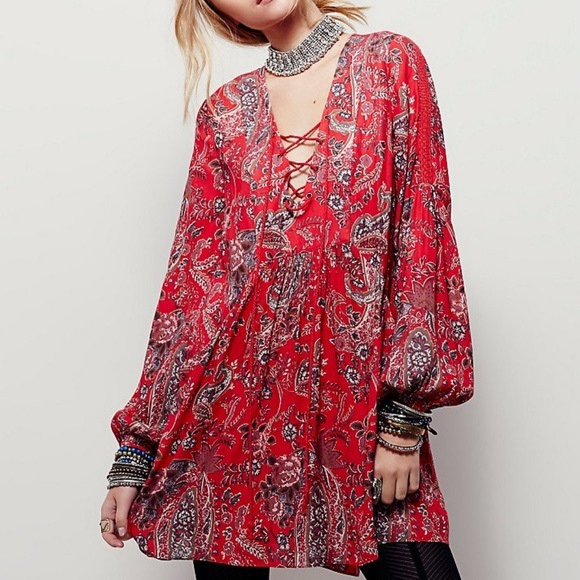 Free People Red Paisley Tunic Mini Dress - Picture 2 of 8